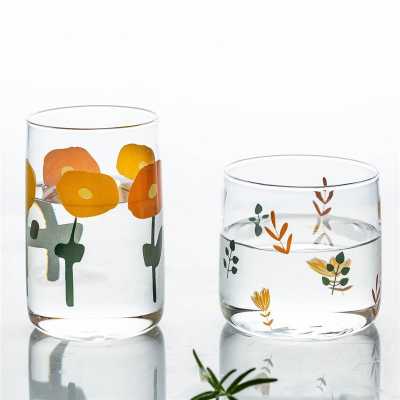 Heat resistant Transparent Glass Flower Pattern Water Mug Creative Glass Breakfast Milk Juice Cup Office Tea Cup Drinkware